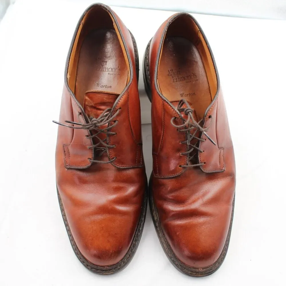 Vintage Allen Edmonds Warton Men 12 Plain Toe Derby Brown Leather Vibram Sole